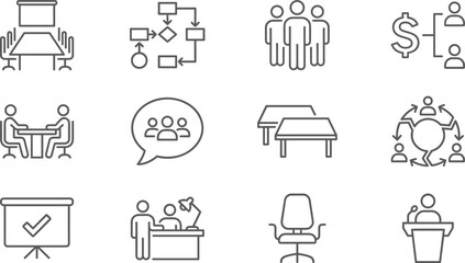 Business icons, office symbols, teamwork, meeting, collaboration, communication, workflow, organization, leadership, supervision, planning, process, chair, podium, chart, approval