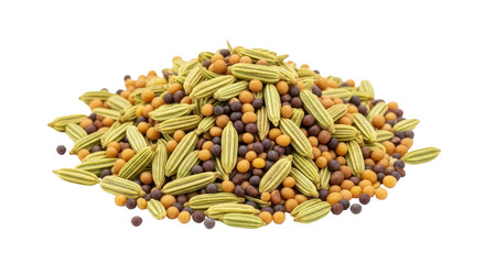 Pile of brown mustard seeds, yellow mustard seeds, and fennel seeds isolated PNG with Transparent Background