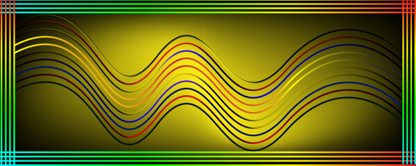 Abstract colorful neon wave gradient with line glowing on dark background. Futuristic creative shine backdrop. 3d render. Curved fantastic blend wavy lines geometric equalizer. Vector illustration.