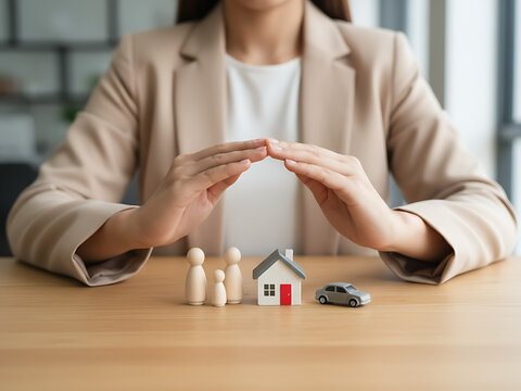 Financial Security & Family Protection. Concept of family protection with home and car insurance model