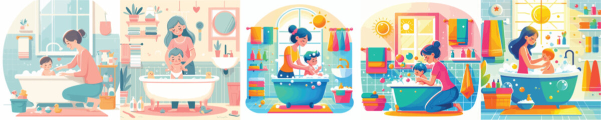 VECTOR MOTHER WASHING WHITE BACKGROUN FLAT DESIGN