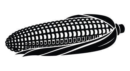 A striking black and white illustration of a corn cob with detailed kernels silhouette