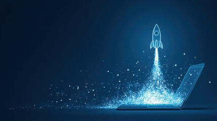 Launching a digital rocket from a laptop screen, a futuristic concept for a startup and innovative technologies