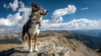 An adventurous dog on the top of rocky mountains, a scenic outdoor journey and pet exploration concept