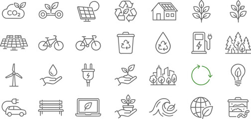 Eco icons, sustainability symbols, green energy, recycling, electric vehicle, solar panel, composting, water conservation, nature, environment, climate action, renewable resources, carbon footprin
