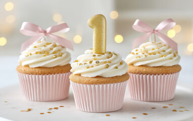 Delightful cupcakes adorned with golden number one candles celebrate happy anniversary at work, perfect for joyful occasion. soft pink wrappers and elegant bows add charm