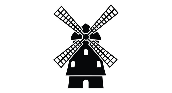 A striking black and white illustration of a traditional windmill design a beautiful silhouette