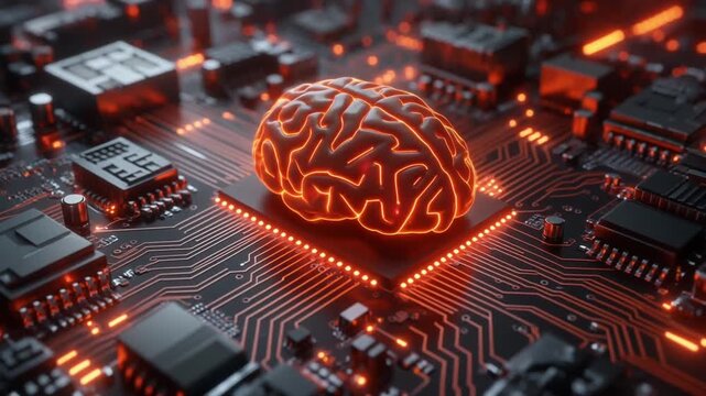 Artificial intelligence brain on circuit board, glowing orange.