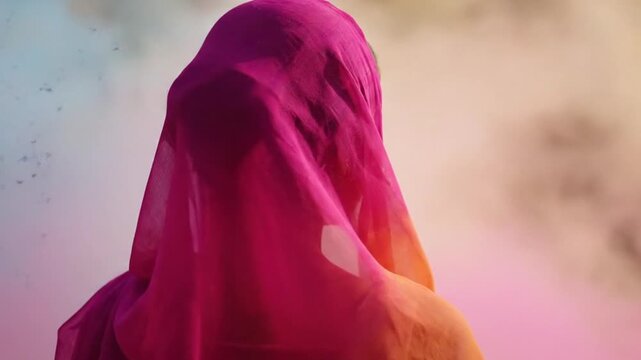 A vibrant and mysterious portrait capturing the essence of a Hindu Spring Festival, with a veiled figure shrouded in the joyful colors of traditional powder