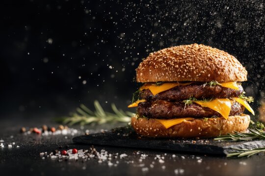 Gourmet double cheeseburger sliced open on dark slate with sea salt black pepper rosemary moody overhead food flat lay for restaurant menu packaging ad cinematic branding