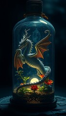Majestic Dragon with Glowing Wings and Vibrant Flowers Inside a Glass Bottle