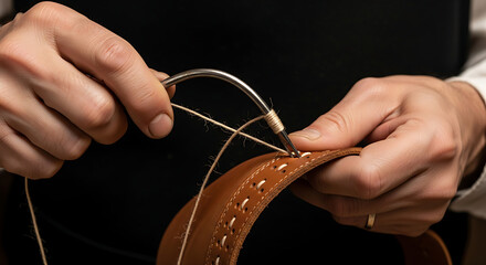 Close up hands expertly stitching brown leather item with needle and thread demonstrating traditional meticulous craftsmanship and handmade quality