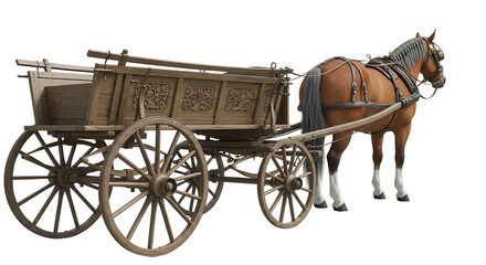 Horse pulling a vintage wooden cart isolated PNG with Transparent Background