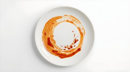 The white background contrasts sharply with the bold red-orange, oily sauce, creating a textured and slightly messy appearance, with the plate's smooth, glossy surface.