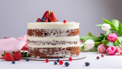 Generative AI a whole cake with strawberry and blueberries on a plate with blurred flower background