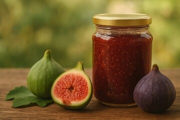 Fresh Figs and Jar of Homemade Fig Jam on Wooden Table with Natural Blurred Garden Background