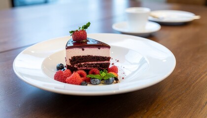 Generative AI a slice of chocolate cake with raspberry on a plate with blurred background
