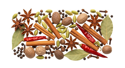 Collection of spices, star anise, cinnamon sticks, cardamom pods, and bay leaves isolated PNG with Transparent Background