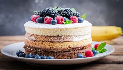 Generative AI a whole cake with berries on a plate with blurred background