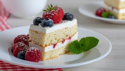 Generative AI a slice of cheesecake with berries on a plate with blurred background