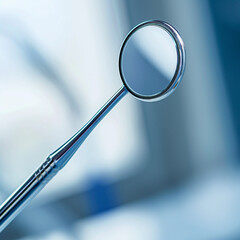 Dental mirror tool in clinical setting with soft focus