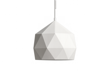 White geometric polygon pendant lamp with modern minimalist design hanging from ceiling, isolated on transparent background