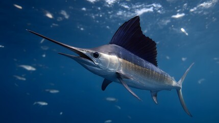 Obraz premium A majestic marlin swims gracefully through the deep blue ocean waters