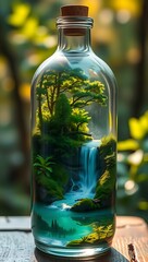 Serene waterfall cascading in a lush, green miniature forest ecosystem inside a glass bottle.