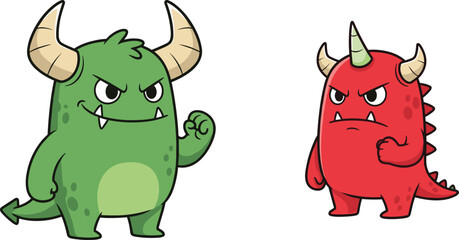 Cute cartoon green and red monster duo mascots with horns, angry expressions, and clenched fists ready to fight illustration vector.