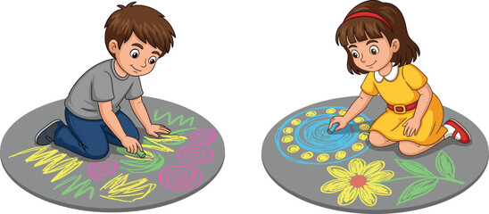 Happy young children boy and girl drawing colorful creative artwork with chalk on a gray floor or sidewalk, fun outdoor summer activity and artistic expression