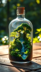 Magical forest with a tiered waterfall and vibrant green trees contained within a glass bottle.