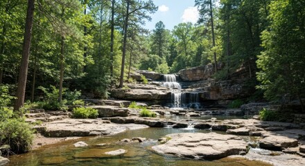 Obraz premium Waterfall cascading down rocky tiers in a lush forest. Sunlight