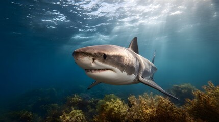 Fototapeta premium Great White Shark Swimming in Sunlit Ocean Waters