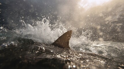 A shark s fin cuts through the ocean surface creating a dramatic splash in sunlight