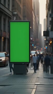 Green screen billboard in a busy city street with blurred people and cars passing by at sunset showcasing a commercial advertising opportunity for brands and businesses