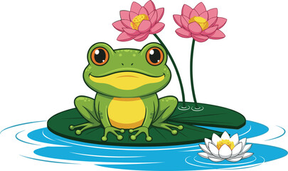 Cartoon frog sitting on lily pad illustration, cute amphibian character with lotus flowers, pond nature scene, cad drawing flat vector illustration