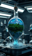A glowing mountain landscape with pine forests inside a scientific flask, surrounded by lab equipment.