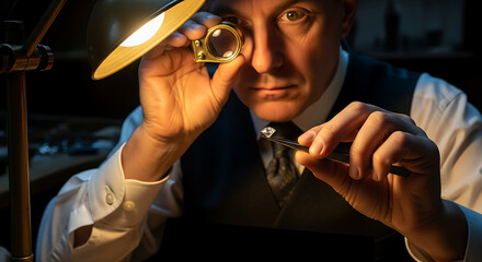 Professional male jeweler meticulously inspecting a precious diamond ring with a loupe in his traditional workshop ensuring quality and craftsmanship
