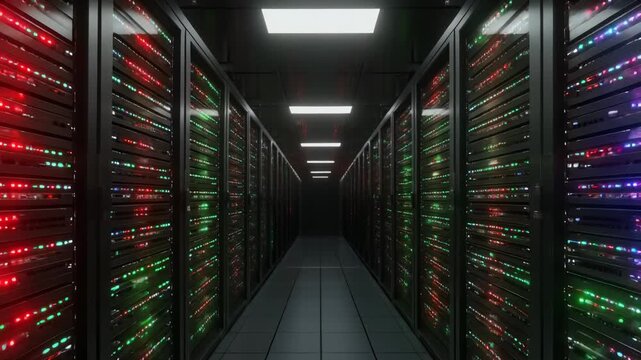 Immersive server room with blinking lights on racks in a futuristic data center hallway, digital technology concept, network infrastructure, and information storage. - Powered by Adobe