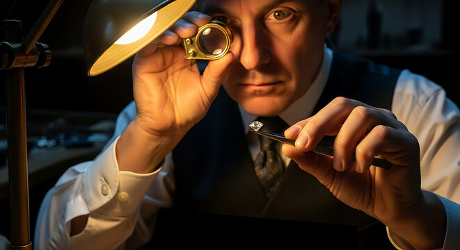 Professional male jeweler meticulously inspecting a precious diamond ring with a loupe in his traditional workshop ensuring quality and craftsmanship