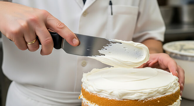 Professional baker carefully applying creamy white frosting to freshly baked vanilla cake layers preparing delicious homemade dessert from scratch