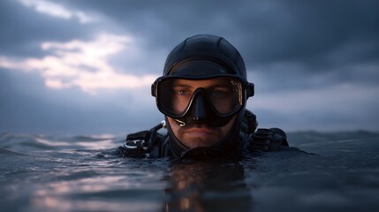 Close up portrait of a diver in a wetsuit emerging from the sea at dawn beneath a dramatic cloudy sky