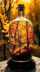 Vibrant autumn forest with golden leaves and bare trees captured inside a glass bottle.