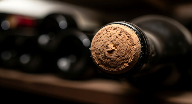 Close up view of vintage red wine bottle cork aging gracefully in dark cellar storage rack for special occasion celebration