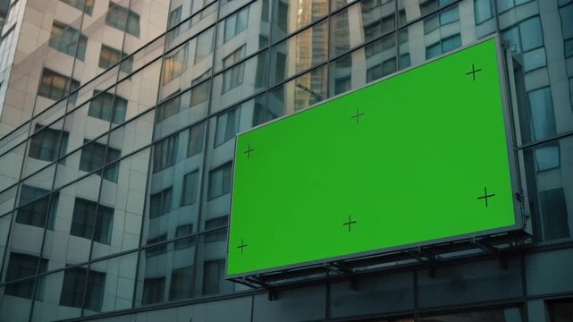Modern glass skyscraper building exterior with a large green screen billboard featuring tracking markers for advertising and digital content placement in an urban city center