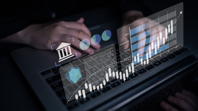 A businessman uses a laptop to analyze financial data with charts and analytics overlays, focusing on market strategies and growth opportunities through technology. Gantry