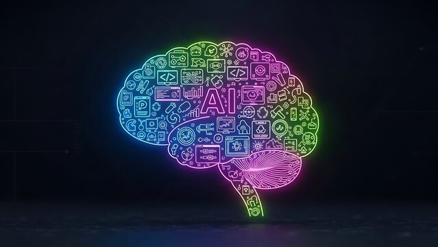 Digital brain concept with glowing circuit board design on dark background. - Powered by Adobe