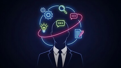 Conceptual business mind with neon icons orbiting head on dark background.