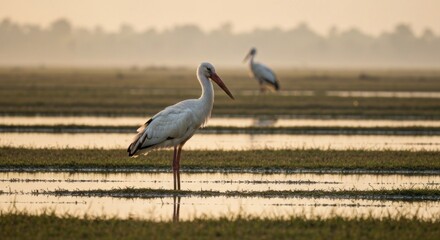 Two white storks in a flooded field at dawn