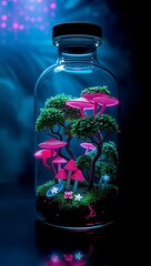 Enchanting miniature forest with glowing pink mushrooms and lush greenery inside a dark bottle.